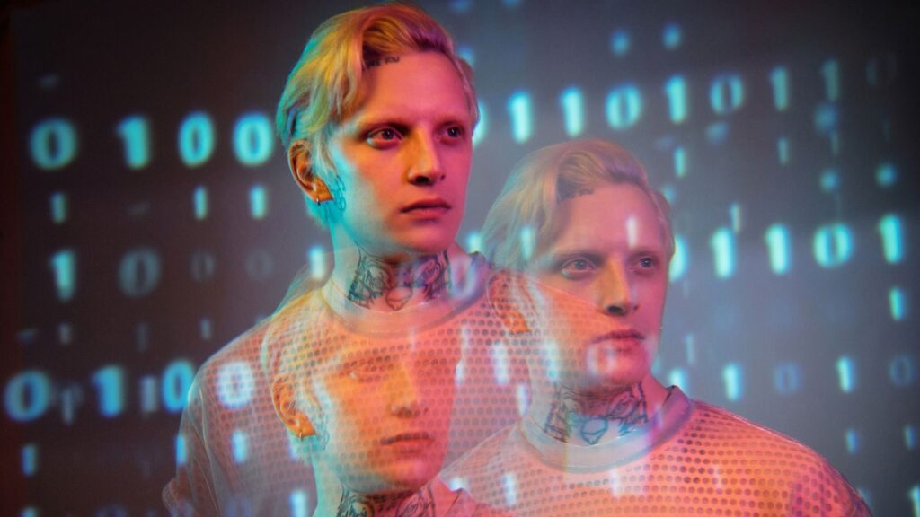 Creative portrait of a man with digital binary overlay, showcasing a modern artistic style.