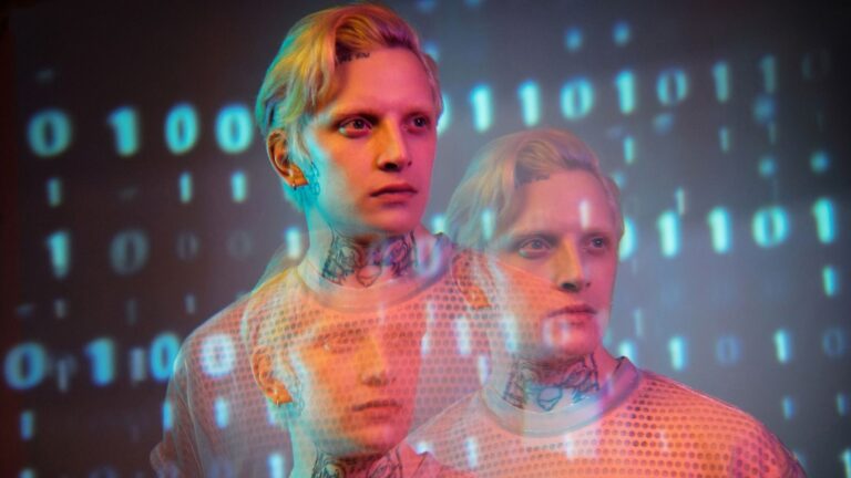 Creative portrait of a man with digital binary overlay, showcasing a modern artistic style.