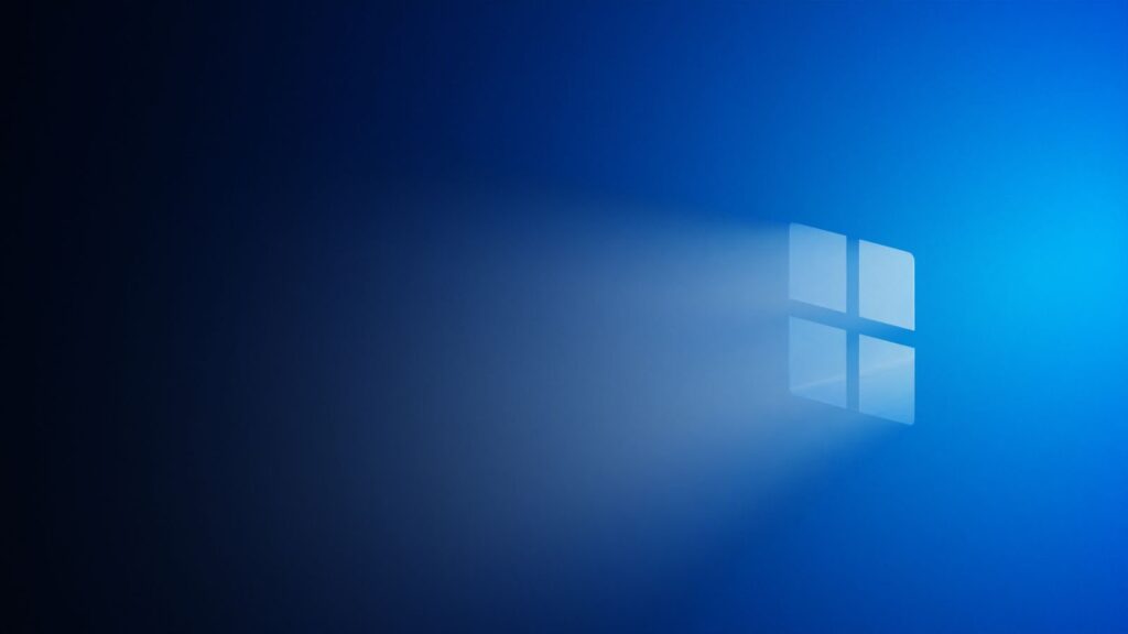 A minimalist abstract blue background with a light shining through a window grid pattern.