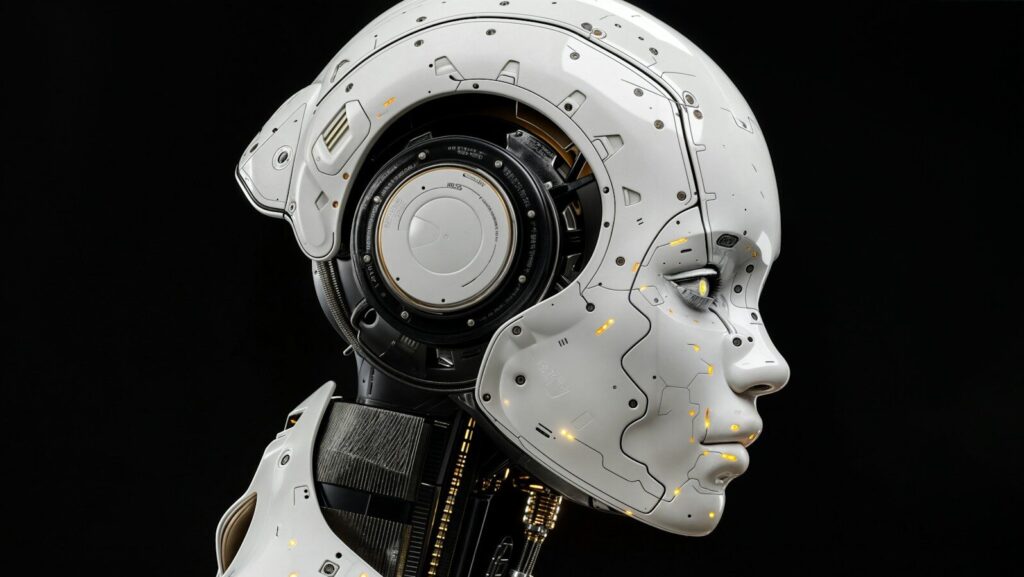 A white robot is standing in front of a black background