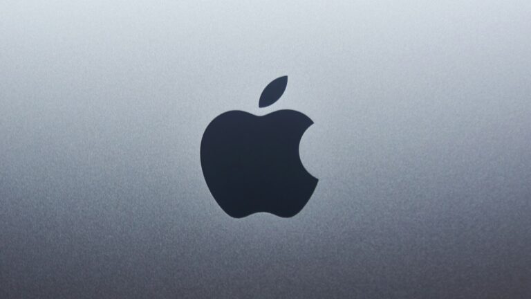 A dark apple logo centered on a smooth grey metallic surface