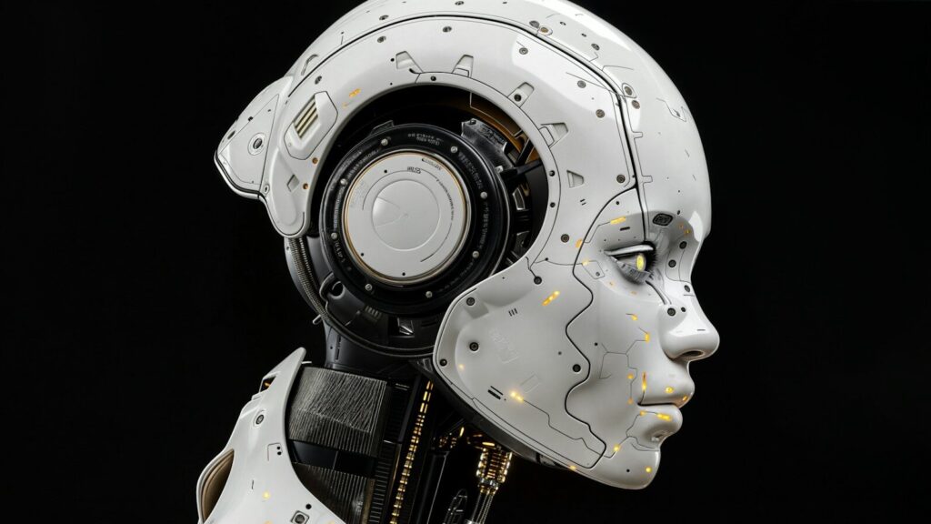 A white robot is standing in front of a black background