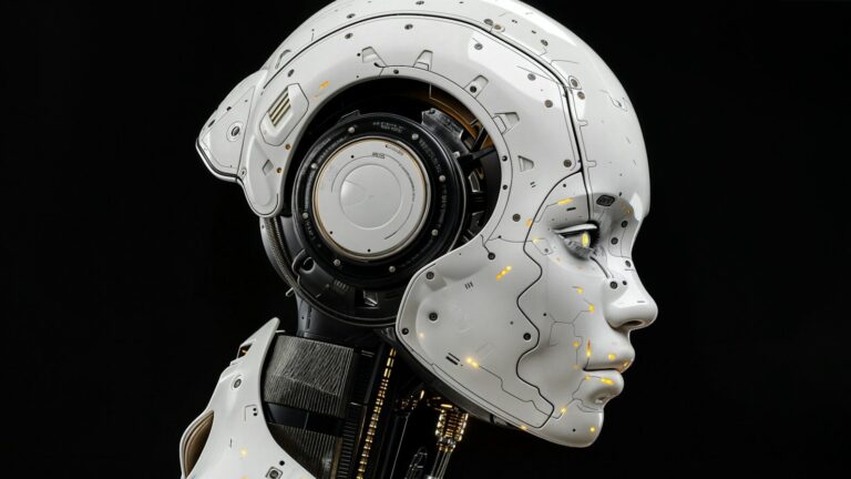A white robot is standing in front of a black background