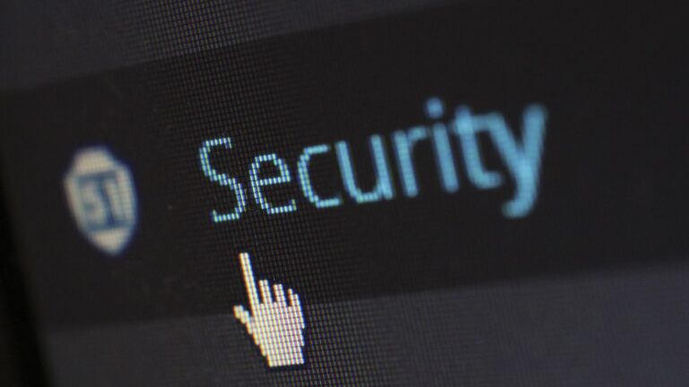 Close-up view of a mouse cursor over digital security text on display.