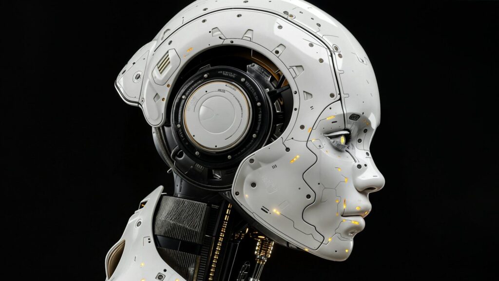 A white robot is standing in front of a black background
