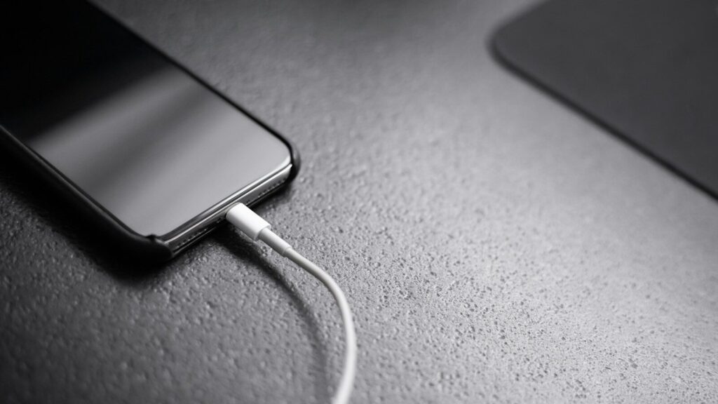 black smartphone with charger cord connected