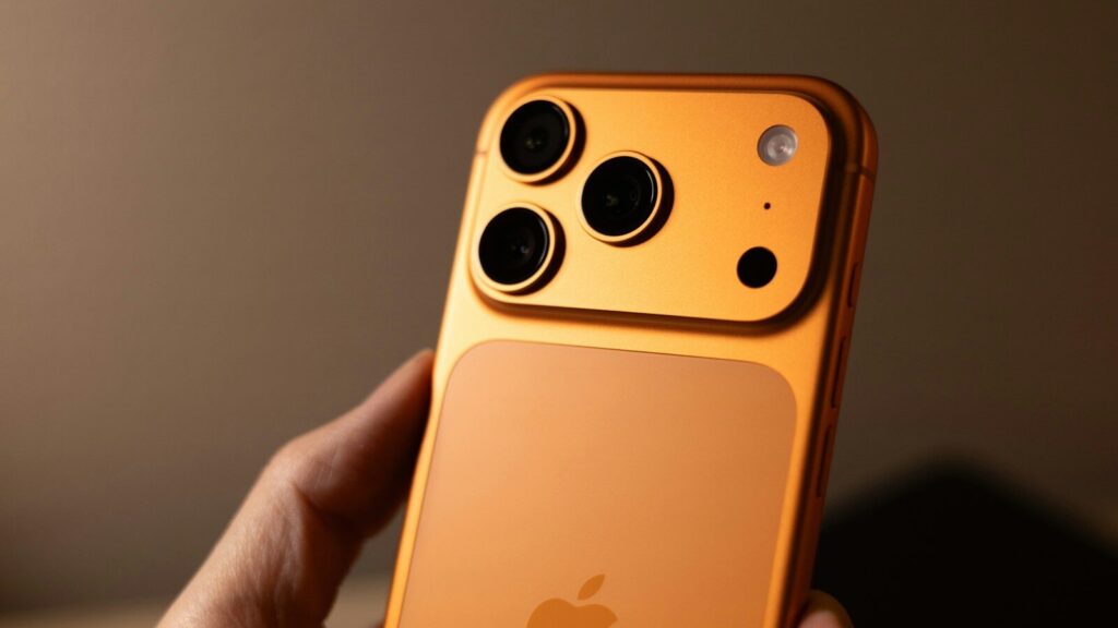Orange smartphone with triple camera system held